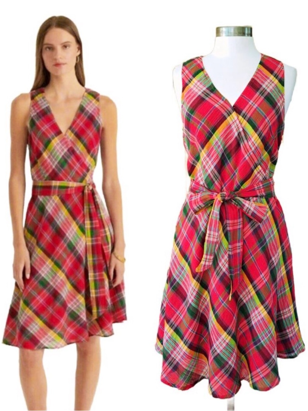 Ralph Lauren Red Plaid Wrap Midi Dress with Tie Waist